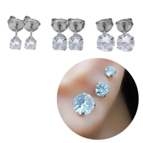 Trio de Aço cirurgico antialérgico Brincos de zircônia 5mm 4mm e 3mm Não escurece inox