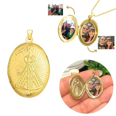 Pingente relicário 2 fotos Nossa Sra Oval Ouro 18k Banhado