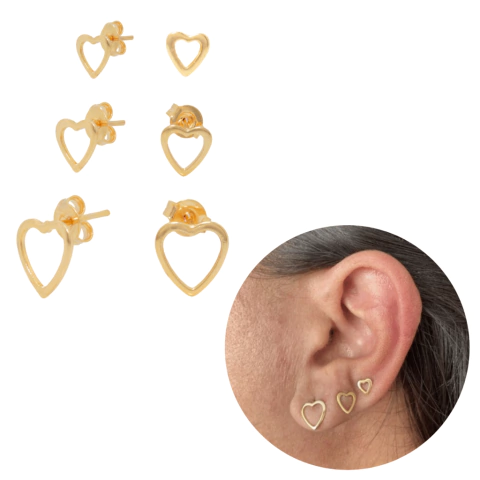 Trio dourado banhado ouro brinco coração vazado antialérgico