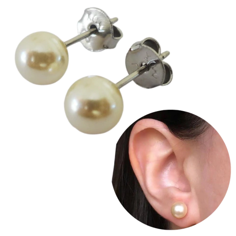 Brinco de pérola em aço cirúrgico antialérgico 6mm infantil