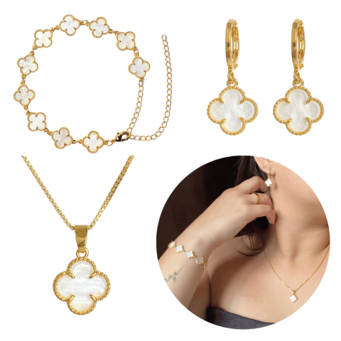 Conjunto Ouro 18k Trevo Madrepérola Modelo Virginia Banhado