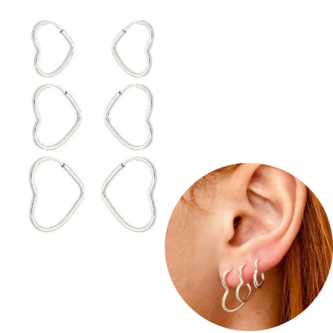 Kit trio brincos coração fio p/m/g prata legitima 925 3 furos