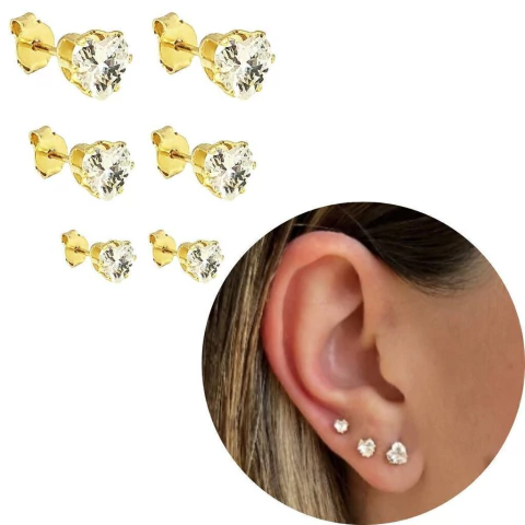 Trio brincos zircônia coração banhado a ouro 18k