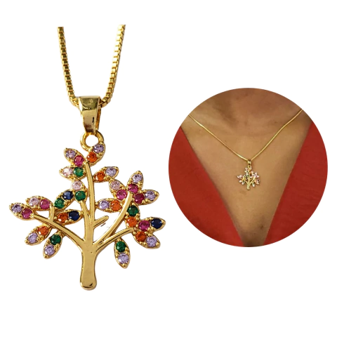 Colar Árvore da Vida zircônias Coloridas banhado a ouro 18k
