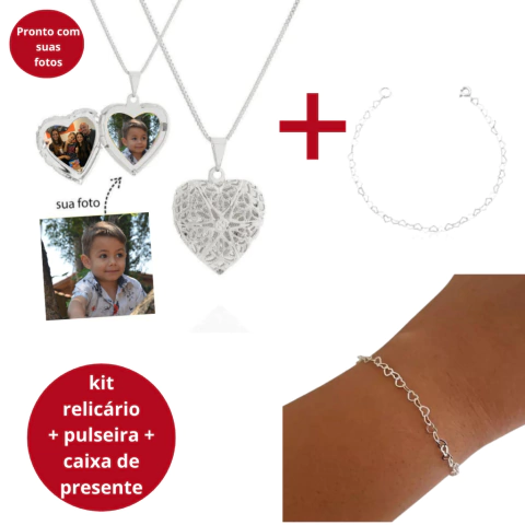 Kit Prata Relicário e pulseira coração banhado moda delicada