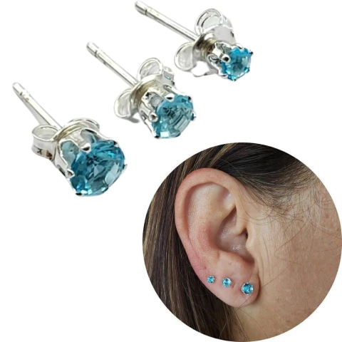 Trio brincos prata 925 azul céu claro 3 pares banhado 3 4 5