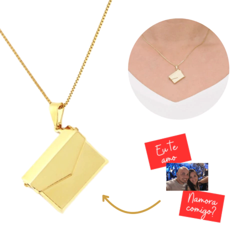 Colar Relicário Com Fotos Carta Envelope Banhado A Ouro 18k