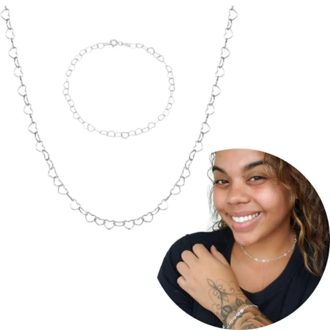 Kit Prata Corrente e pulseira coração banhado moda delicada