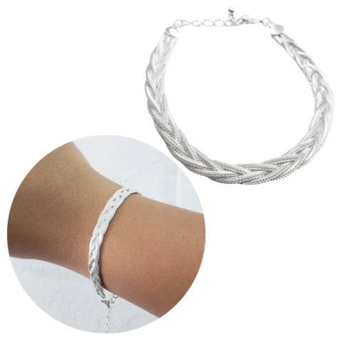 Pulseira 5 fios trançada banhado a prata feminina moda 19cm
