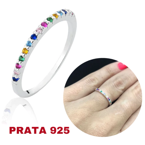 Anel feminino aparador Colorido Prata legítima meia aliança