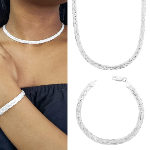 Conjunto chocker e pulseira 3 fios trançada banhado a prata