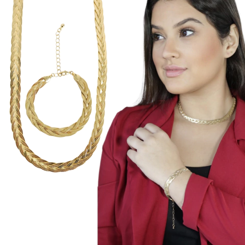 Kit Colar e Pulseira 5 fios Trançado Banhado a Ouro 18k moda