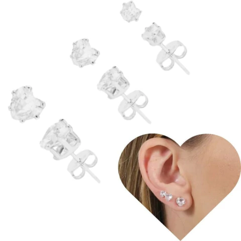 3 pares Trio de brincos prata 925 zircônia coração banhado