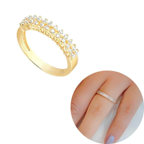 Anel aparador duplo cravejado com zircônias banhado a ouro