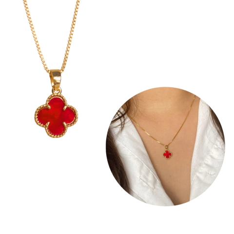 Corrente Trevo vermelho Ouro 18 Modelo Virginia Banhado Moda