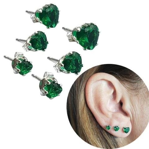 Trio coração verde banhado a prata 925