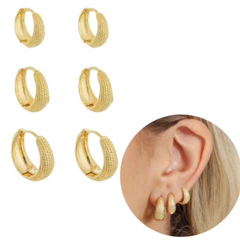 Trio Argola Detalhes banhada ouro 18k delicada feminina moda
