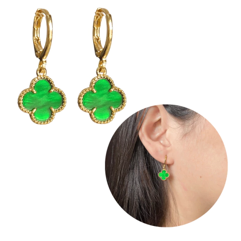 Brinco Trevo Ouro 18k Verde Modelo Virgínia Banhado Moda