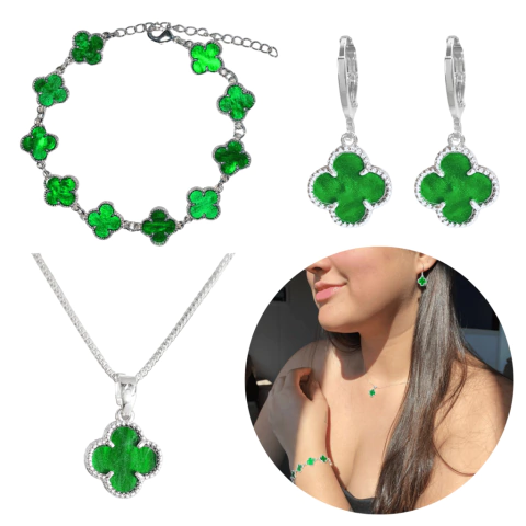 Conjunto Prata 925 Trevo Verde Modelo Virginia Banhado Moda