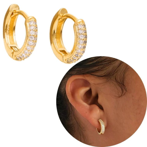 Brinco Argola Cravejado banhado a ouro 18k clicker 2 fileira