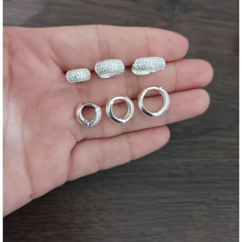 Trio de argolas click Prata 925 cravejada 4 fileiras brilho