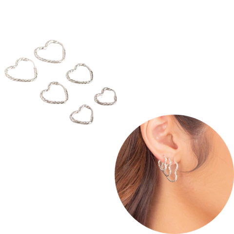 Trio de Argola coraçao torcida prata legítima 925 1,5 2 e 3cm