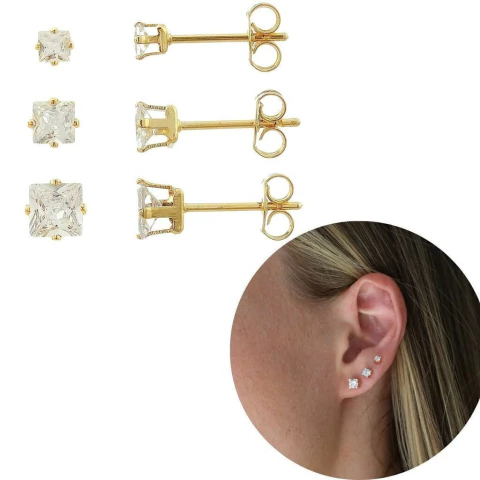 Trio brincos zircônia quadrado banhado a ouro 18k brilhante 3 furos