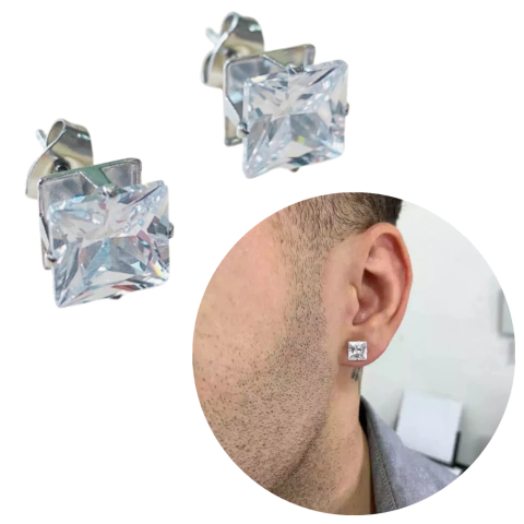 Par de Brinco masculino zircônia quadrado aço cirúrgico inox