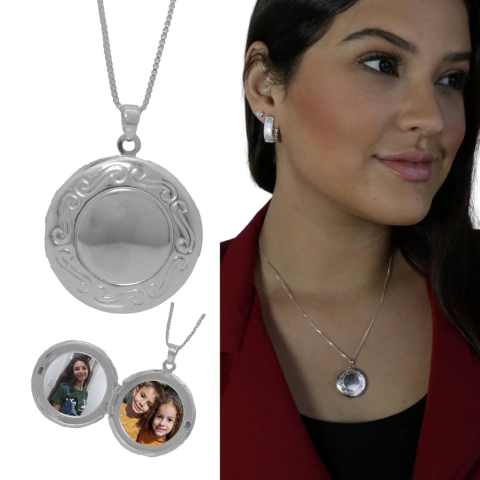 Colar Relicário Redondo Arabesco Grande banhado a prata 925