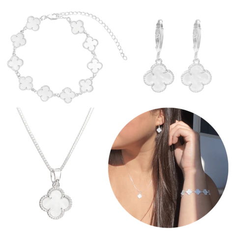 Conjunto Prata Trevo Madrepérola Modelo Virginia Banhado