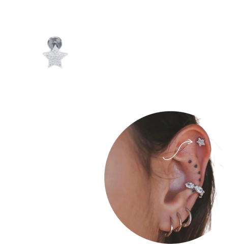 Piercing tragus helix cartilagem estrela cravejado prata 925