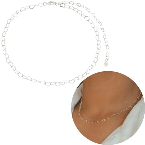 Corrente elos de coração prata 45cm banhado moda delicada