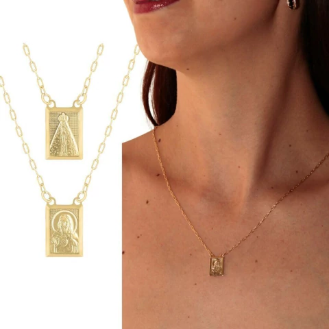 Escapulário corrente 65cm Sagrado Coração/ Nossa Sra Aparecida banhado em ouro 18k