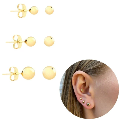 Trio De Brincos de Bolinha Banhada a our 18k Dourado P M e G