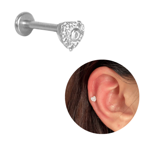 Piercing Tragus Helix Coração Cravejado prata 925 legítima