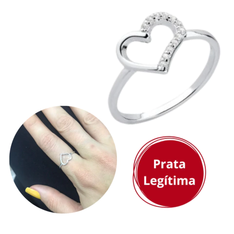 Anel feminino coração vazado Prata 925 cravejado