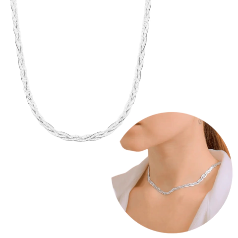 Colar chocker 3 fios trançada banhado a prata feminina moda
