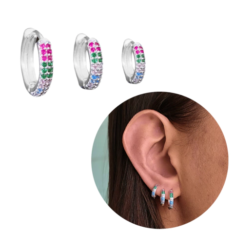 Trio De Brincos Argolas prata Cravejadas Coloridas banhada