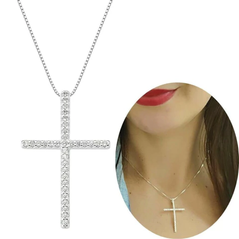Colar com pingente cruz grande cravejada prata 925 legítima