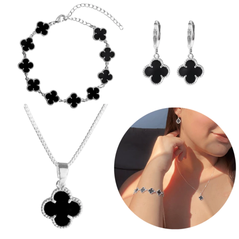 Conjunto Prata 925 Trevo Preto Modelo Virginia Banhado Moda