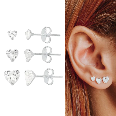 Kit trio coração com zircônias Prata legítima 925 ponto luz