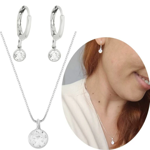Conjunto colar e brinco ponto de luz prata 925 banhado moda