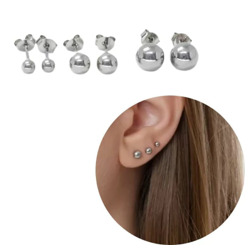 Trio de brincos de bolinha 3mm 4mm e 5mm em aço cirúrgico