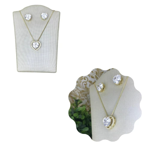 Conjunto de coração cravejado zircônia banhado em ouro 18k