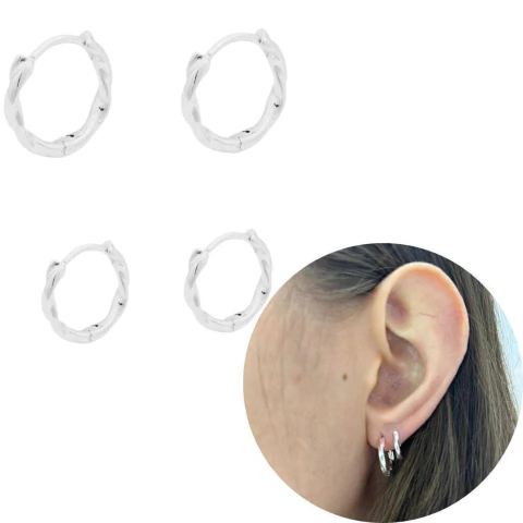 Dupla de argolas prata torcidas fina clicker banhada 2 furos