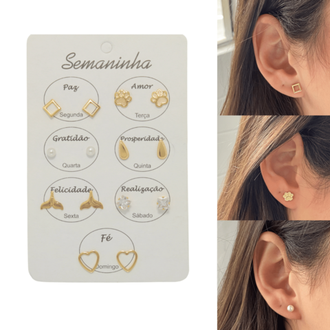 Kit Brincos 7 pares Semaninha dourado antialérgico banhado