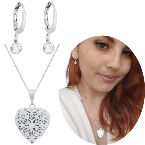 Kit Relicário coração luxo e brinco argola banhado em Prata 925