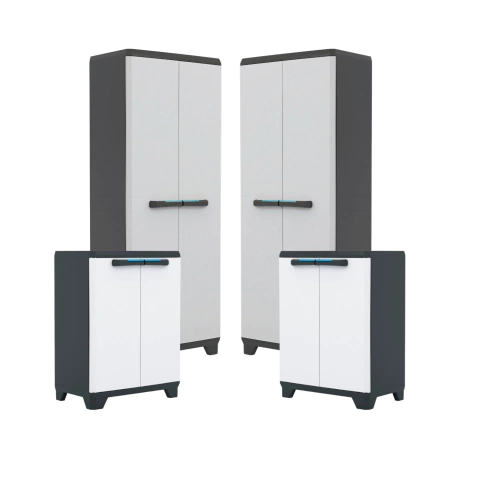 Combo de armários  Mix Linear Keter em cores cinza e preto, incluindo dois armários altos e dois armários baixos.