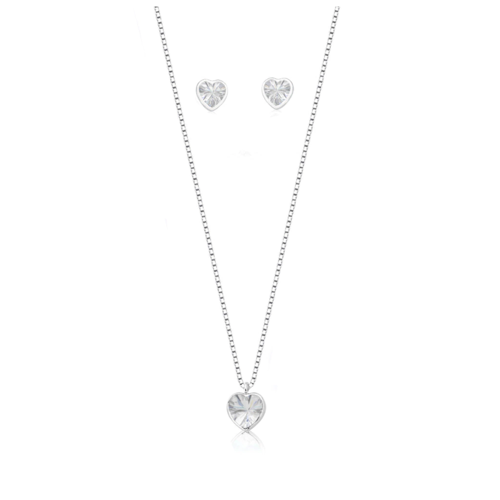 Conjunto Coração Cristal Transparente prata 925
