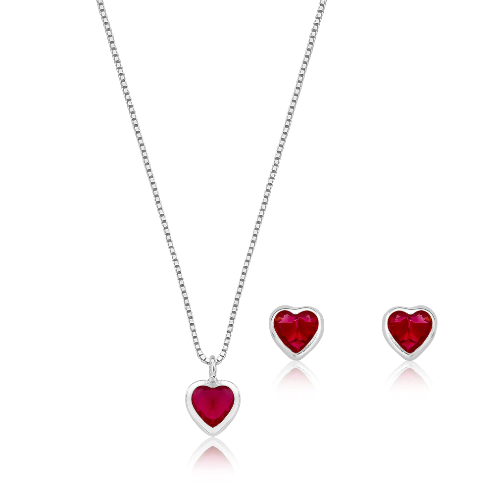 Conjunto Vermelho Coração Prata 925